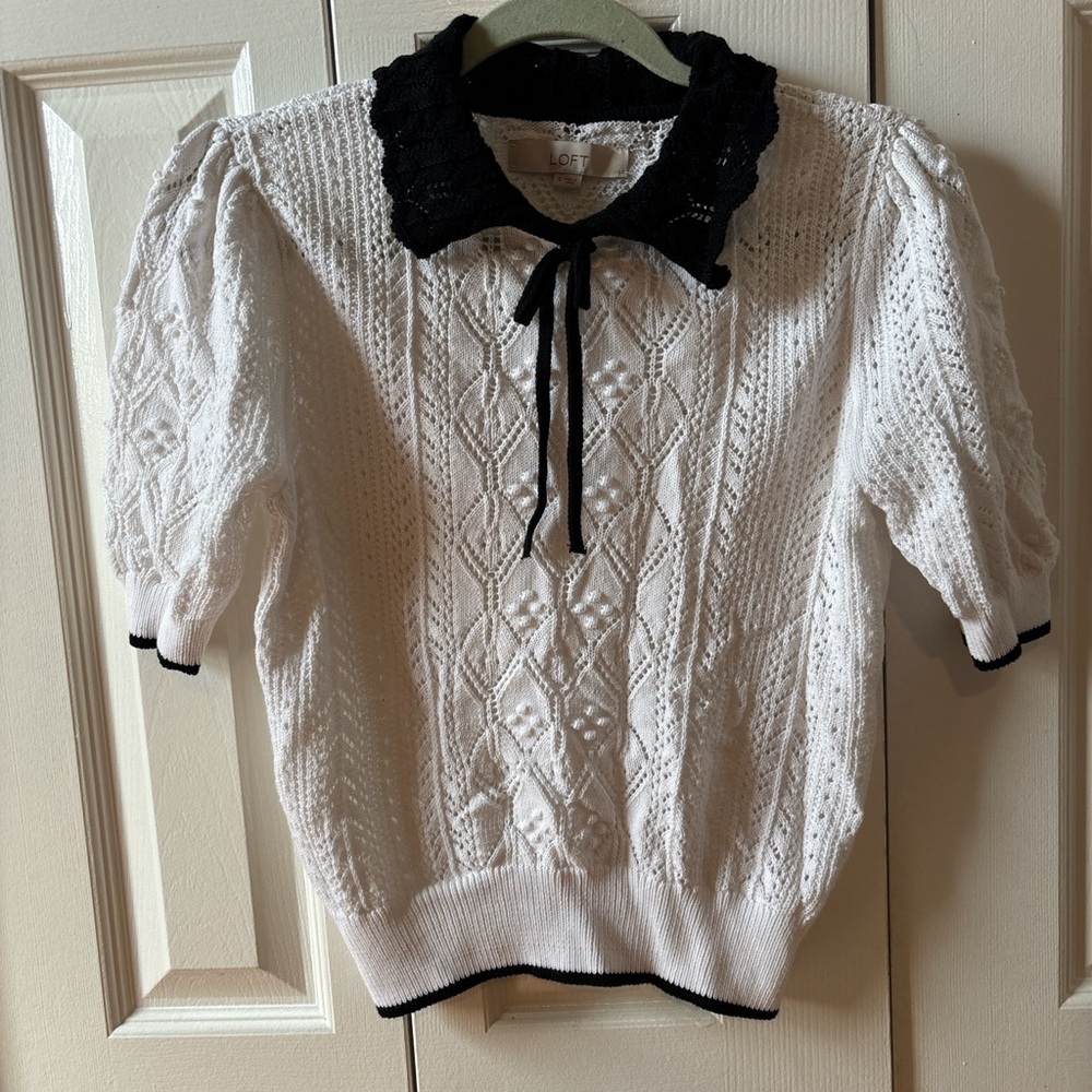 White Knit Top with Black Collar